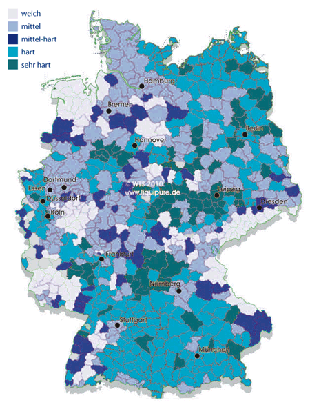 Deutschlandkarte mit eingezeichneten Wasserhärten, Unterscheidung zwischen weich, mittel, mittel-hart, hart und sehr hart